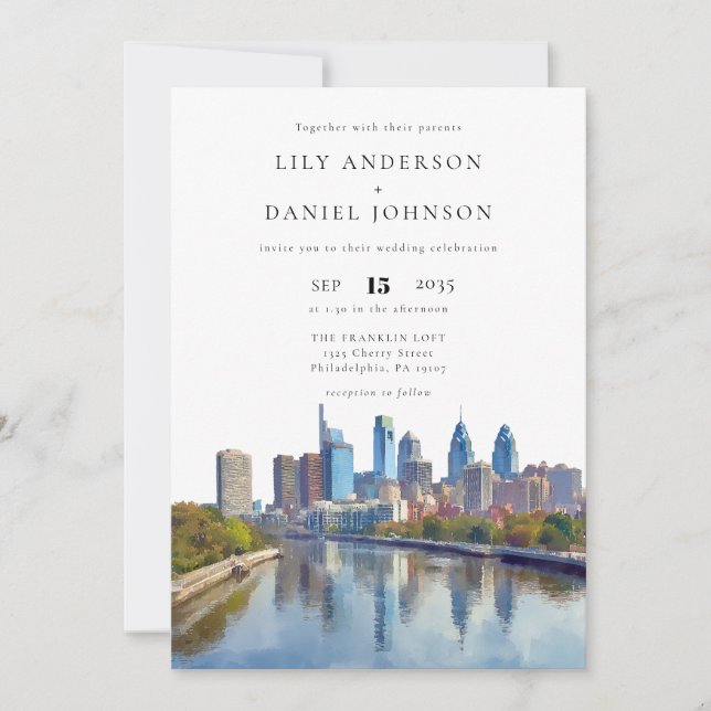 Philadelphia Skyline Watercolor All In One Wedding Invitation (Front)