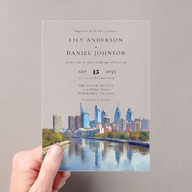 Philadelphia Skyline Watercolor Elegant Wedding Acrylic Invitations (Insitu (Handheld))