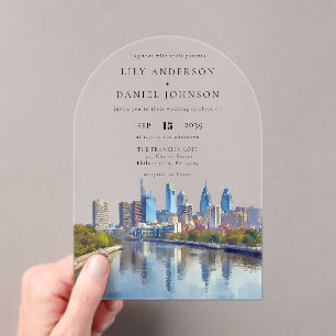 Philadelphia Skyline Watercolor Wedding Arch Acrylic Invitations