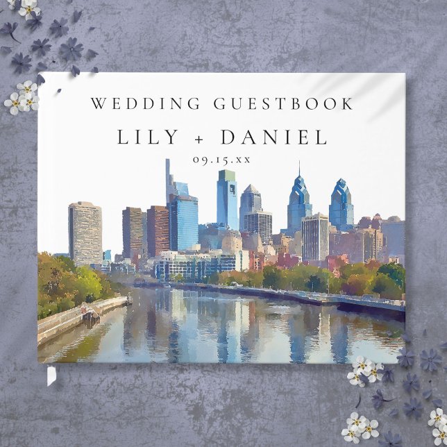 Philadelphia Skyline Watercolor Wedding Guest Book (Philadelphia Skyline Watercolor Wedding Guest Book)