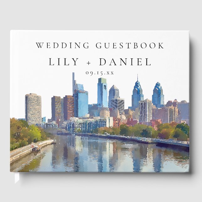 Philadelphia Skyline Watercolor Wedding Guest Book (Front)