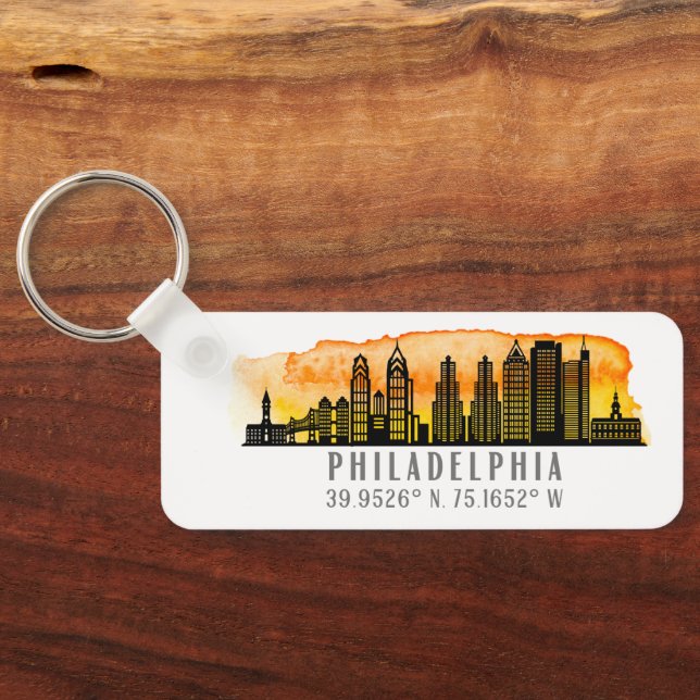 Philadelphia Sunset Skyline Map Coordinates  Keychain (Back)