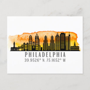Philadelphia Sunset Skyline Map Coordinates Postcard