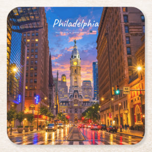 Philadelphia, USA - City Hall Twilight Skyline Square Paper Coaster