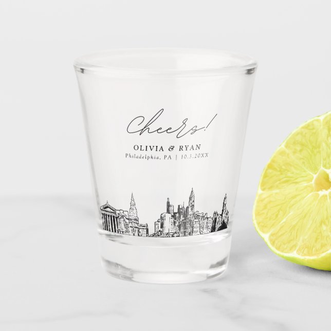 Philadelphia Wedding Favour Personalized Cheers Shot Glass (Front)