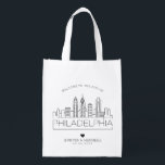 Philadelphia Wedding | Stylized Skyline Reusable Grocery Bag<br><div class="desc">A unique wedding bag for a wedding taking place in the beautiful city of Philadelphia.  This bag features a stylized illustration of the city's unique skyline with its name underneath.  This is followed by your wedding day information in a matching open lined style.</div>