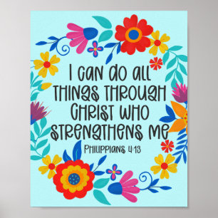 Philippians 4:13 Bible Scripture Folk Art Floral Poster