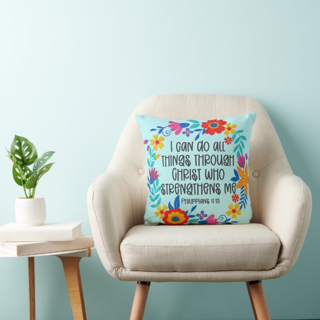 Philippians 4:13 Bible Scripture Folk Art Floral Throw Pillow (Chair)