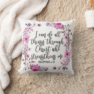 Philippians 4:13 Bible Scripture Pink and Purple Throw Pillow