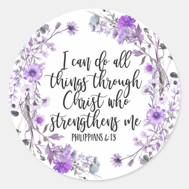 Philippians 4:13 Bible Scripture Purple Lavender Classic Round Sticker (Front)