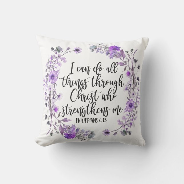 Philippians 4:13 Bible Scripture Purple Lavender Throw Pillow (Front)