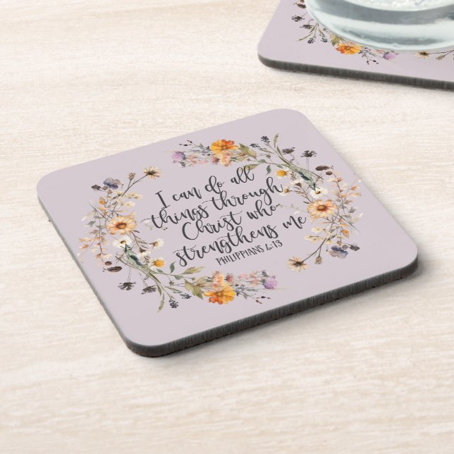 Philippians 4:13 Bible Scripture Verse Floral Boho Coaster (Left Side)
