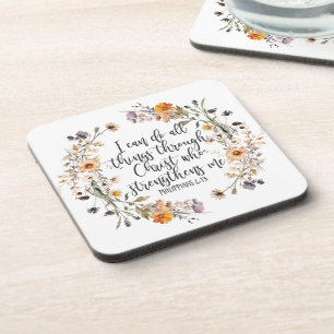 Philippians 4:13 Bible Scripture Verse Floral Boho Coaster