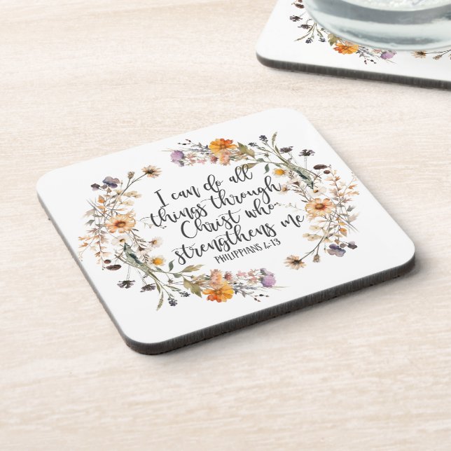 Philippians 4:13 Bible Scripture Verse Floral Boho Coaster (Left Side)