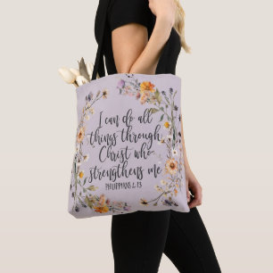 Philippians 4:13 Bible Scripture Verse Floral Boho Tote Bag