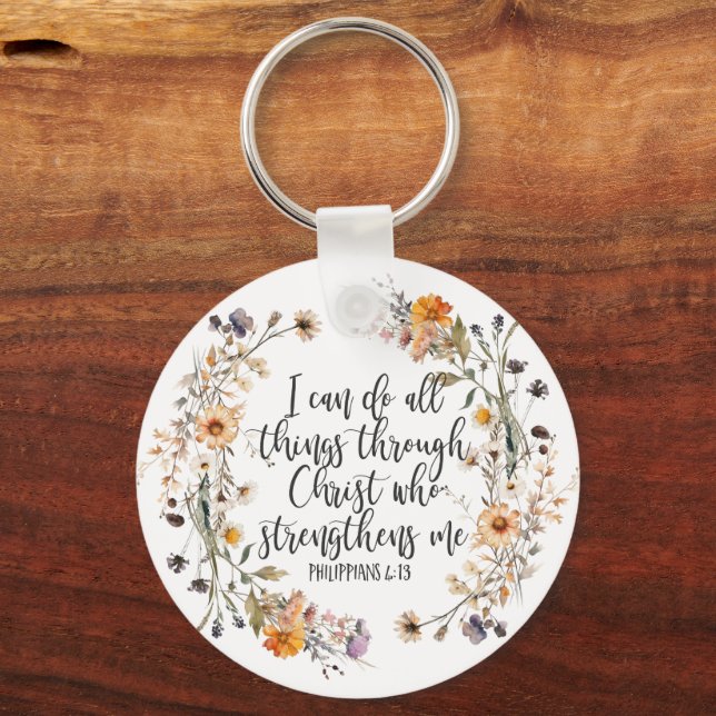 Philippians 4:13 Bible Scripture Verse Floral Keychain (Back)