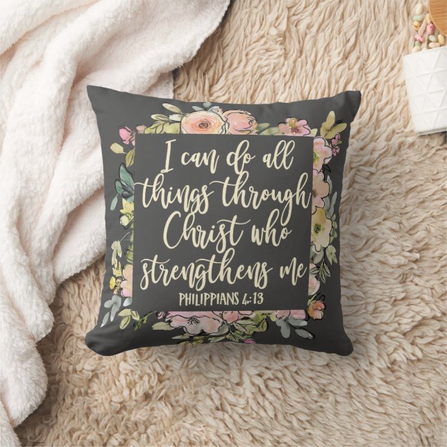 Philippians 4:13 Bible Verse Pretty Pastel Floral Throw Pillow (Blanket)