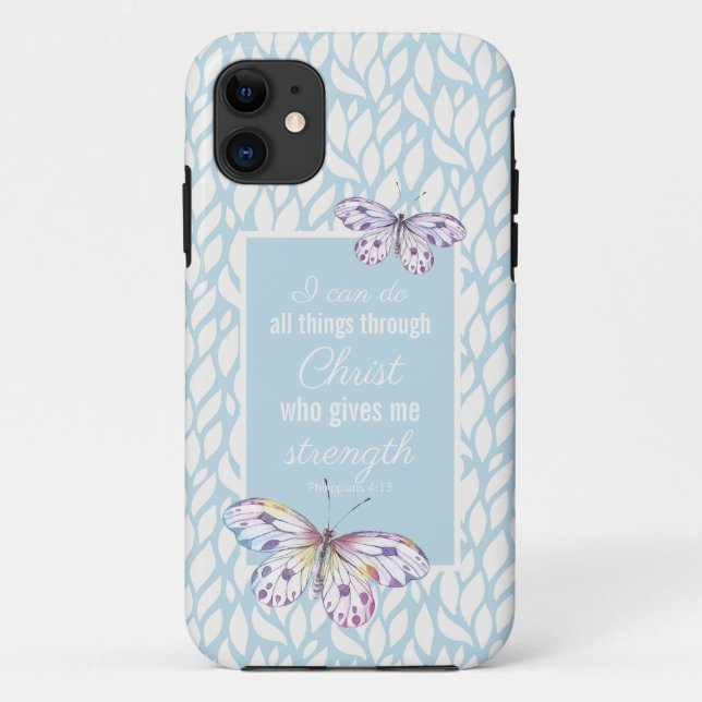 Philippians 4:13 Blue Butterfly Case-Mate iPhone Case (Back)
