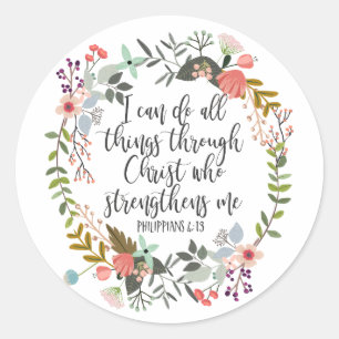 Philippians 4:13 I can do all things, Floral Classic Round Sticker