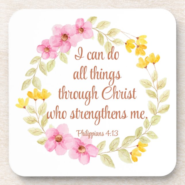 Philippians 4:13 Pink and Yellow Floral Scripture Coaster (Front)