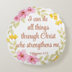 Philippians 4:13 Pink and Yellow Floral Scripture Round Pillow