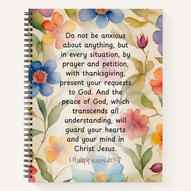 Philippians 4:6-7 Christian Bible Verse Watercolor Notebook (Front)