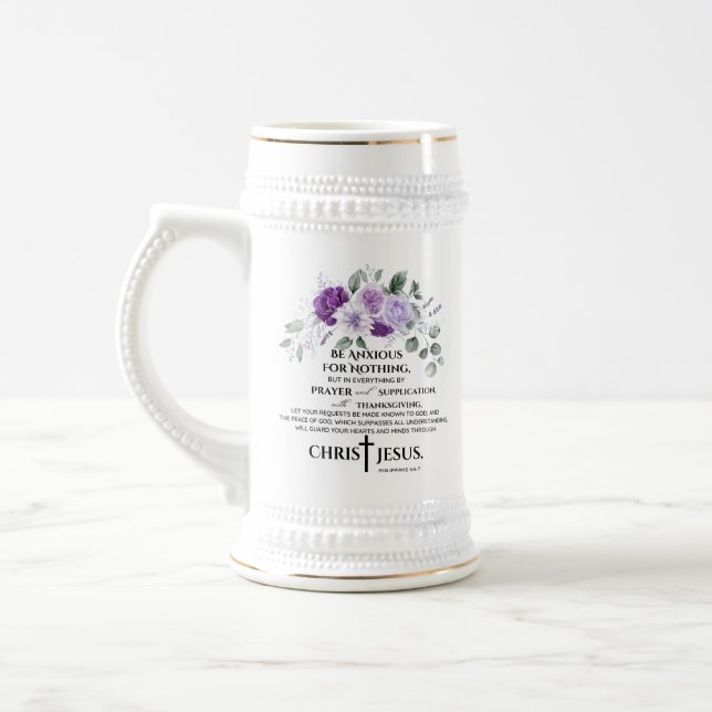 Philippians 4:6-7 Scripture Purple Flowers Beer Stein (Left)