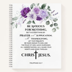 Philippians 4:6-7 Scripture Purple Flowers Notebook