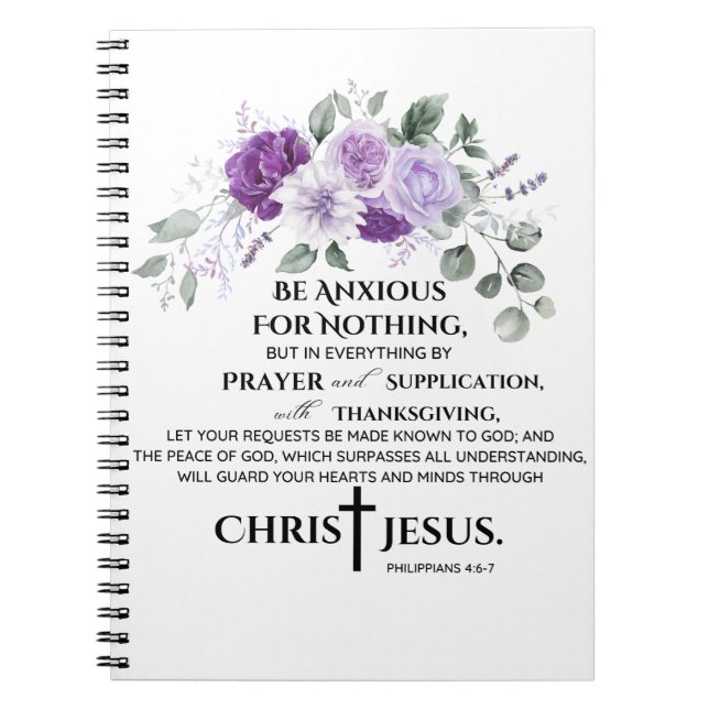 Philippians 4:6-7 Scripture Purple Flowers Notebook (Front)