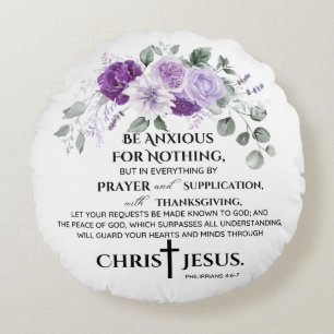 Philippians 4:6-7 Scripture Purple Flowers Round Pillow