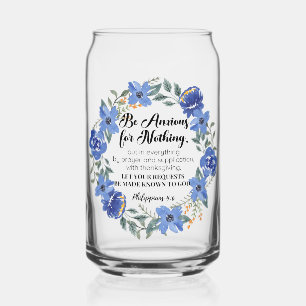 Philippians 4:6 Be Anxious for Nothing Blue Floral Can Glass