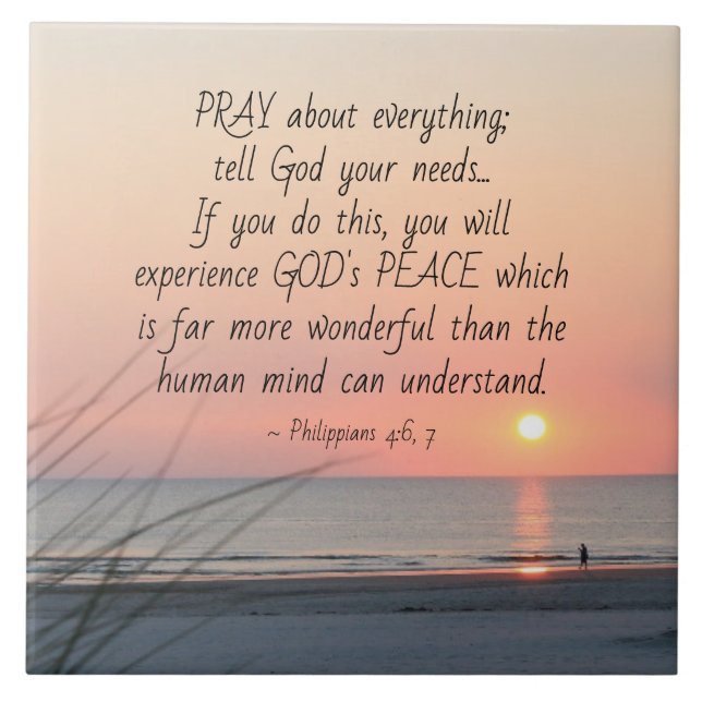 Philippians 4:6 Pray About Everything Ocean Sunset Tile (Front)