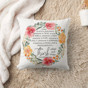 Philippians 4:8 Pink and Yellow Floral Wreath Throw Pillow
