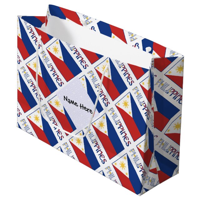 Philippines and Filipino Flag Tiled Personalized  Large Gift Bag (Front Angled)