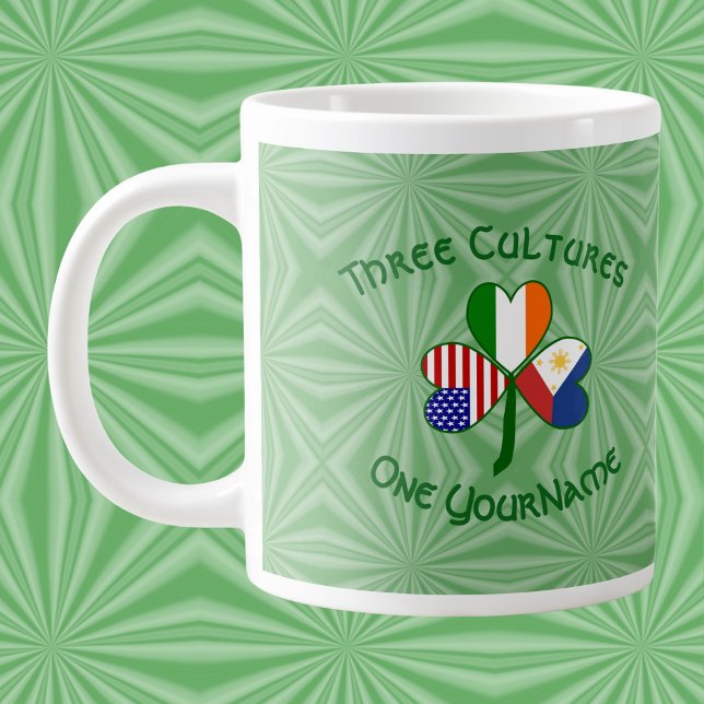Philippines Ireland USA Shamrock Flag Personalized Large Coffee Mug (Giant mug featuring a Philippines‑Ireland‑USA shamrock on green squiggly squares.)