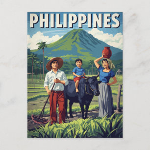 Philippines Rice Field Family Retro Postcard