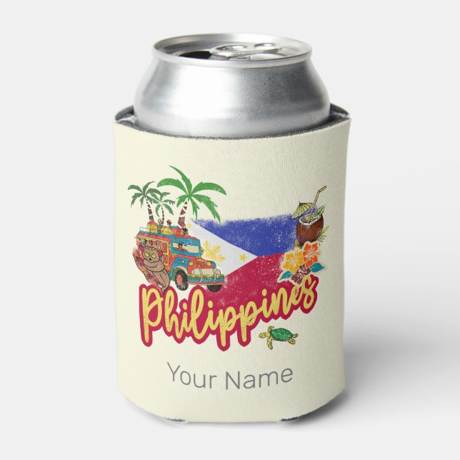 Philippines Vintage Tarsier Flag Palm Souvenir Can Cooler (Can Front)