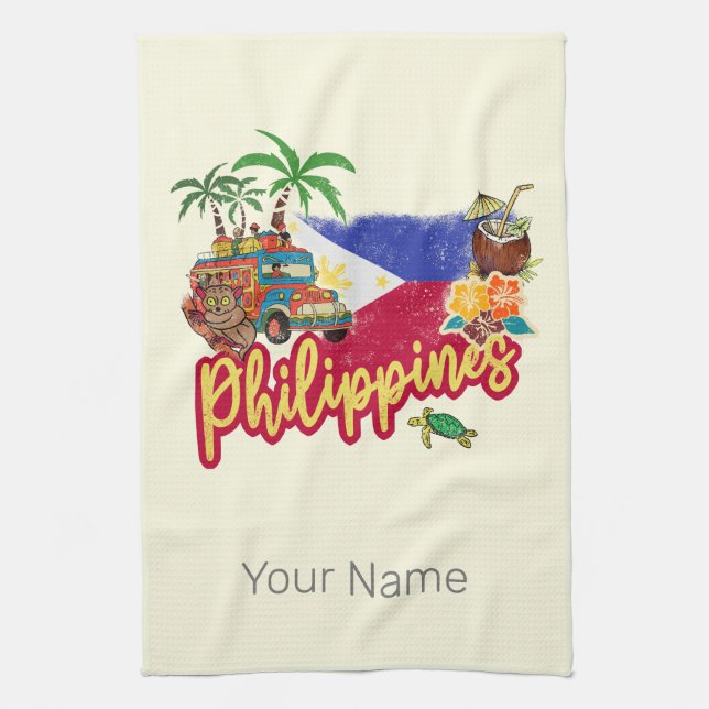 Philippines Vintage Tarsier Flag Palm Souvenir Kitchen Towel (Vertical)