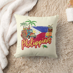 Philippines Vintage Tarsier Flag Palm Souvenir Throw Pillow