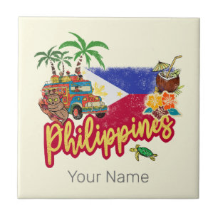 Philippines Vintage Tarsier Flag Palm Souvenir Tile