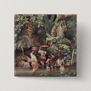 Philippino Women Washing Beneath a Banana Tree, 18 2 Inch Square Button