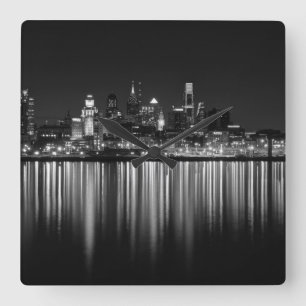Philly night b/w square wall clock
