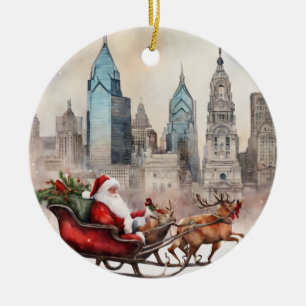 Philly Skyline with Santa & Reindeer Ceramic Ornament