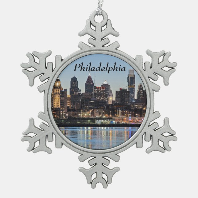 Philly sunset snowflake pewter christmas ornament (Front)