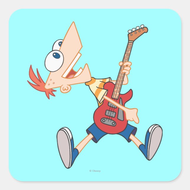Phineas Rocking Out with Guitar Square Sticker (Front)