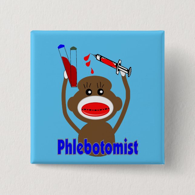 Phlebotomist Sock Monkey 2 Inch Square Button (Front)