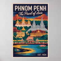 Phnom Penh Cambodia Retro Travel Poster Art