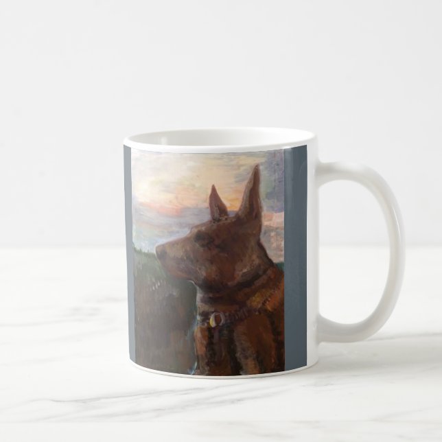 "Phoebe Dog in the Sunset" painting on a mug (Right)