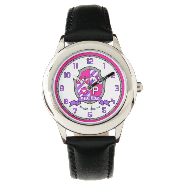 Phoebe letter p name meaning crest unicorn pink watch (Front)