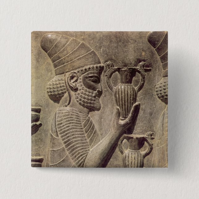 Phoenician carrying two offering, detail relief 2 inch square button (Front)